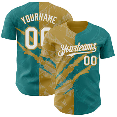 Custom Graffiti Pattern White Teal-Old Gold 3D Scratch Authentic Baseball Jersey