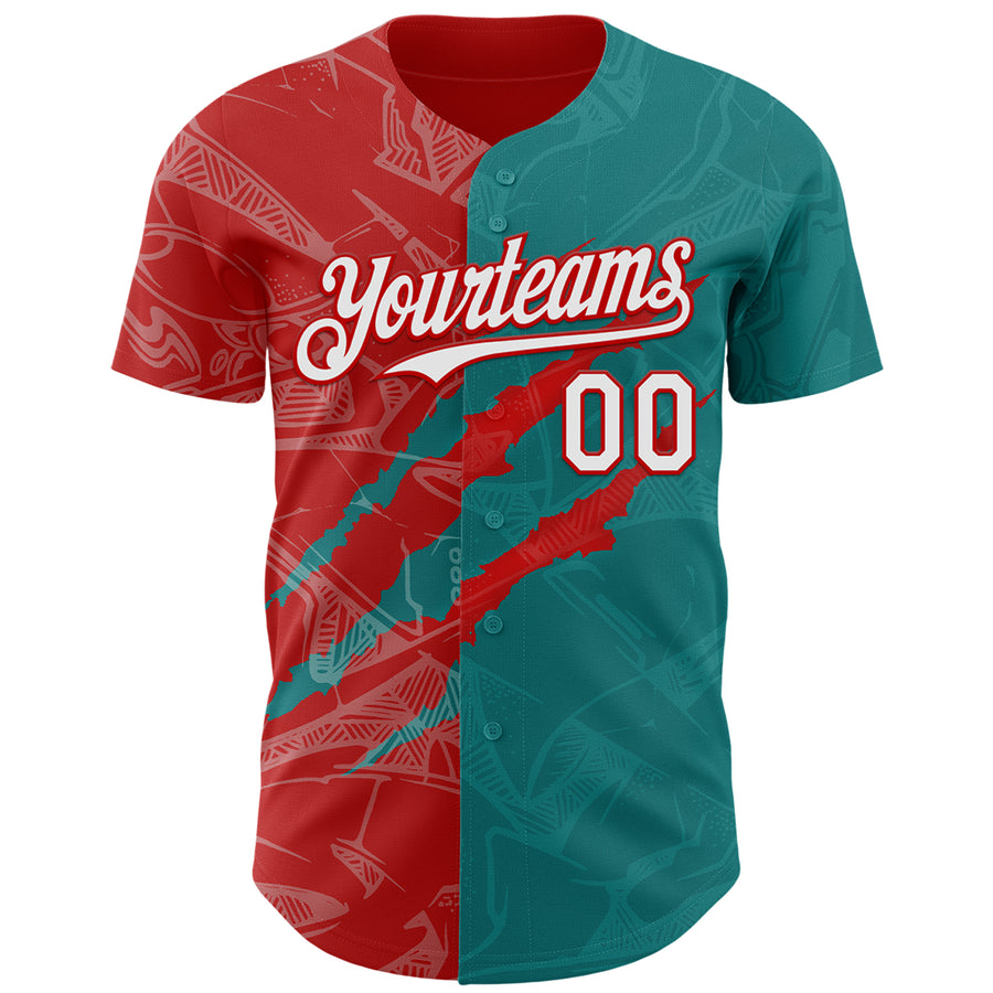 Custom Graffiti Pattern White Teal-Red 3D Scratch Authentic Baseball Jersey