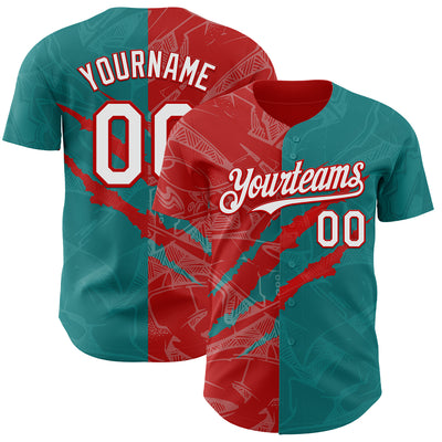 Custom Graffiti Pattern White Teal-Red 3D Scratch Authentic Baseball Jersey