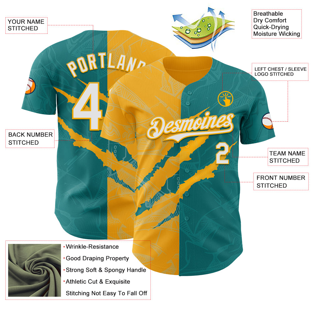 Custom Graffiti Pattern White Teal-Gold 3D Scratch Authentic Baseball Jersey