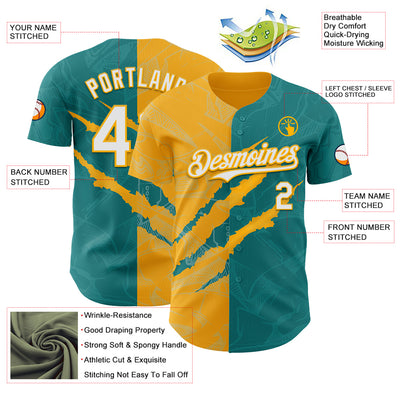 Custom Graffiti Pattern White Teal-Gold 3D Scratch Authentic Baseball Jersey