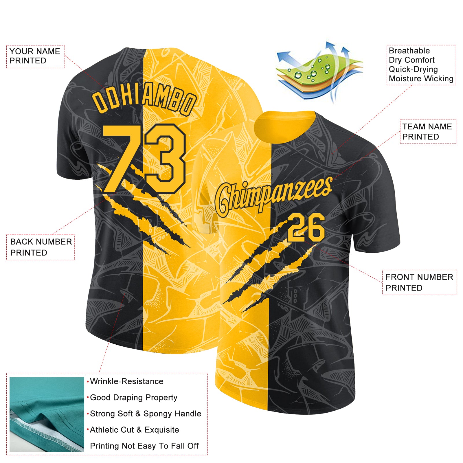 Custom Graffiti Pattern Gold-Black Scratch 3D Performance T-Shirt