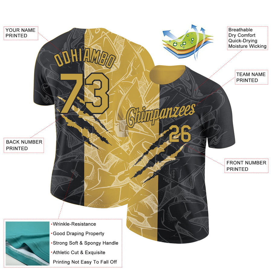 Custom Graffiti Pattern Old Gold-Black Scratch 3D Performance T-Shirt