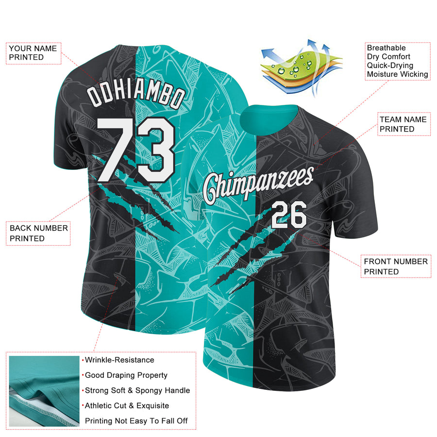 Custom Graffiti Pattern White Black-Aqua Scratch 3D Performance T-Shirt