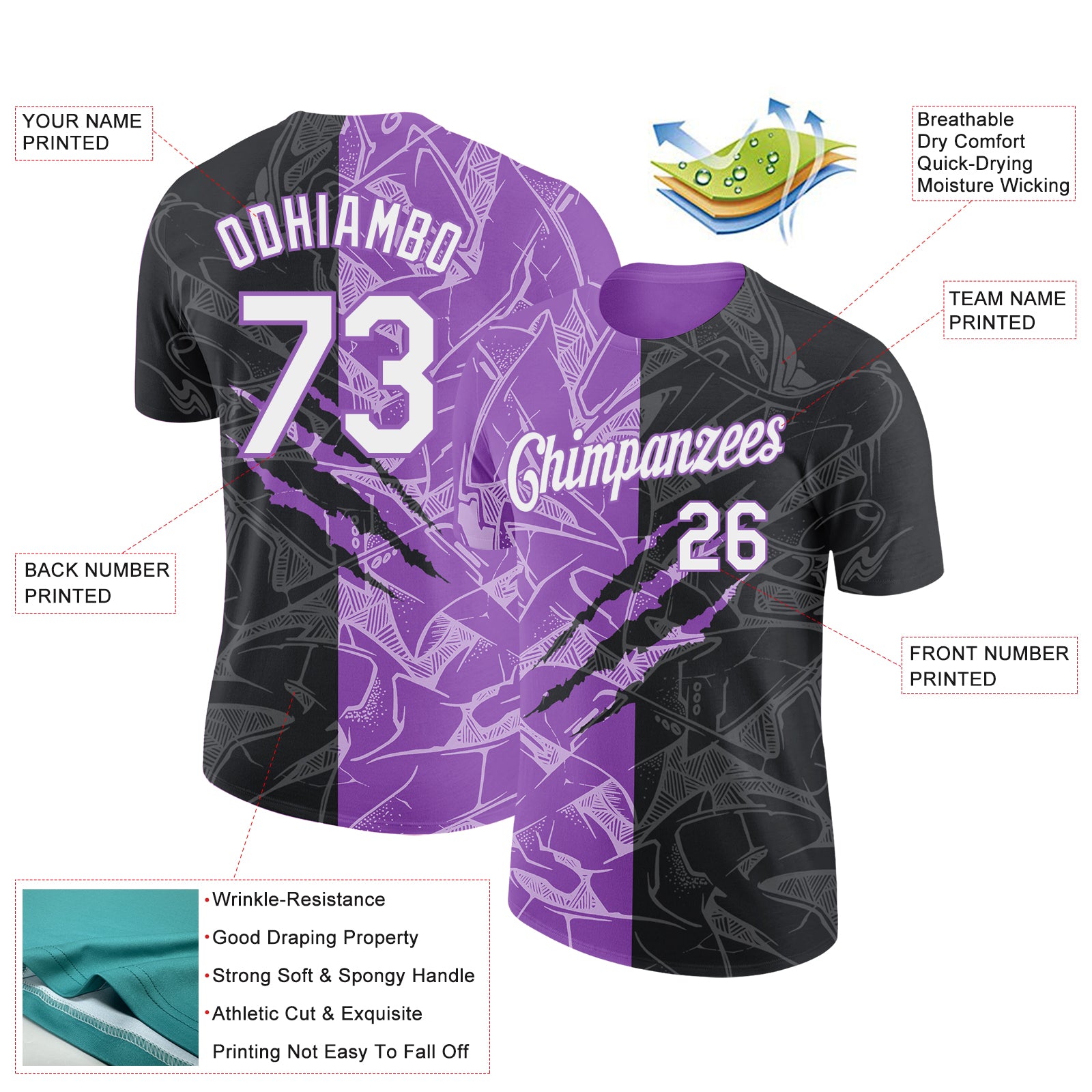 Custom Graffiti Pattern White Black-Medium Purple Scratch 3D Performance T-Shirt