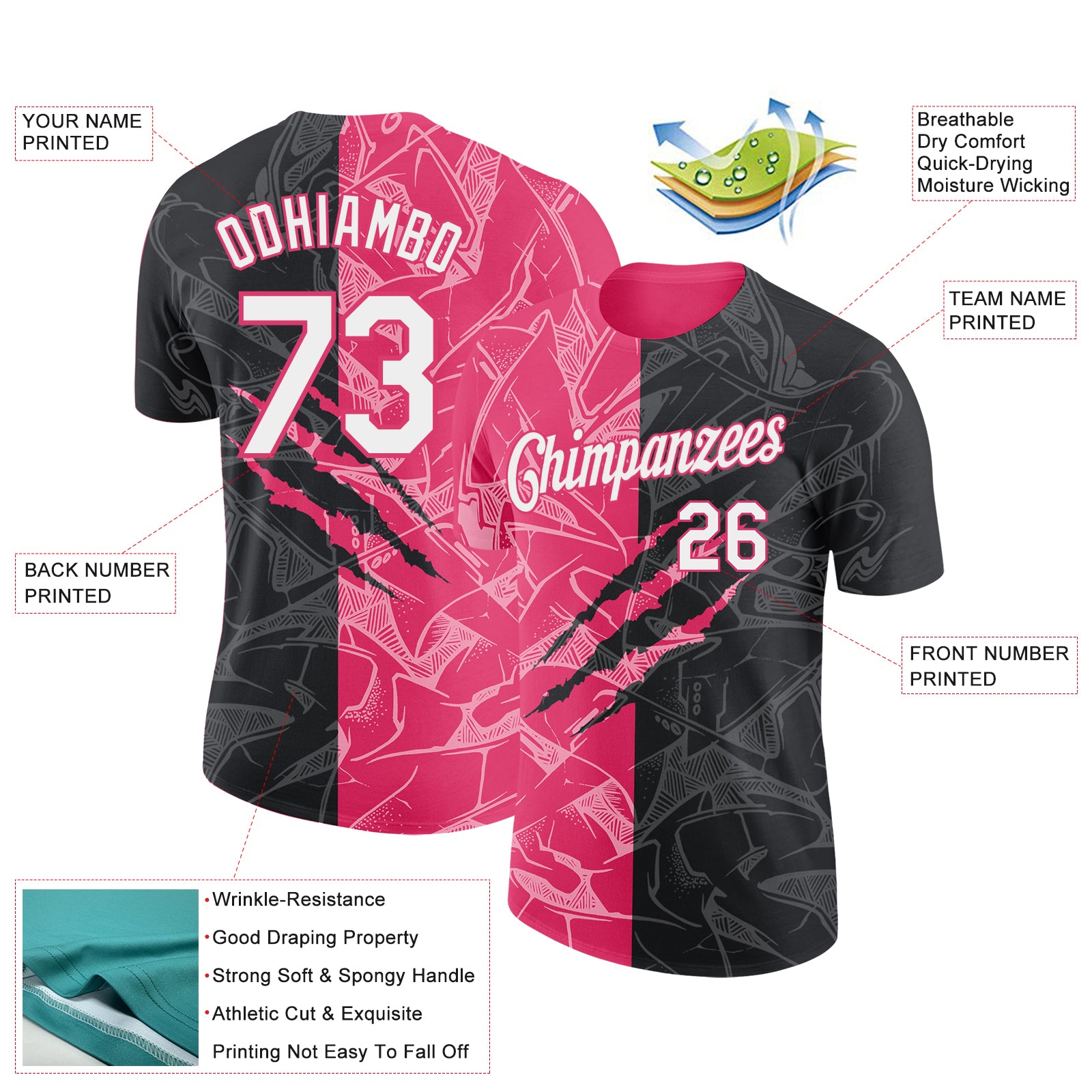 Custom Graffiti Pattern White Black-Neon Pink Scratch 3D Performance T-Shirt