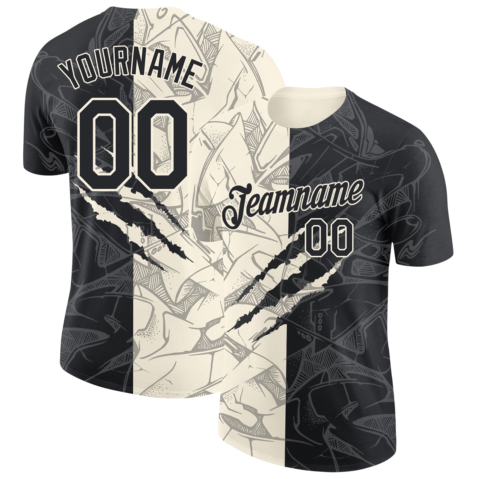 Custom Graffiti Pattern Black-Cream Scratch 3D Performance T-Shirt