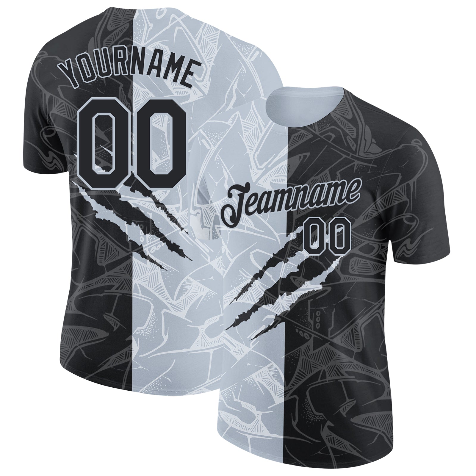 Custom Graffiti Pattern Black-Silver Scratch 3D Performance T-Shirt