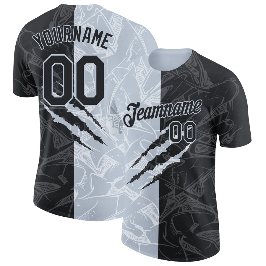 Custom Graffiti Pattern Black-Silver Scratch 3D Performance T-Shirt