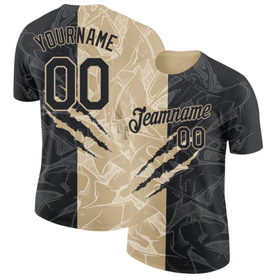 Custom Graffiti Pattern Black-Vegas Gold Scratch 3D Performance T-Shirt