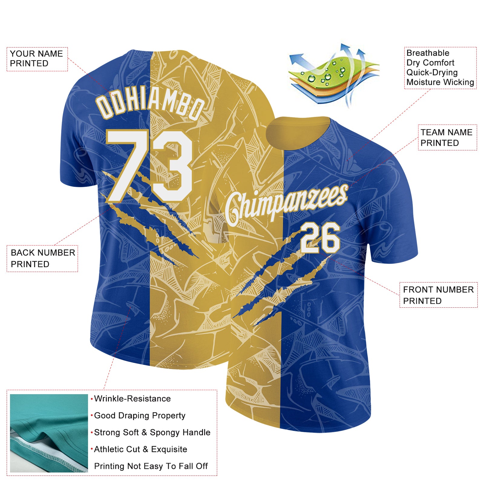 Custom Graffiti Pattern White Royal-Old Gold Scratch 3D Performance T-Shirt