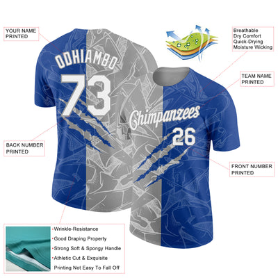 Custom Graffiti Pattern White Royal-Gray Scratch 3D Performance T-Shirt