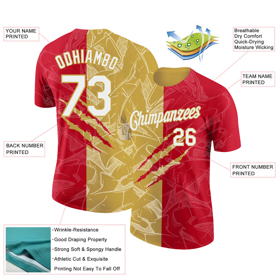 Custom Graffiti Pattern White Red-Old Gold Scratch 3D Performance T-Shirt