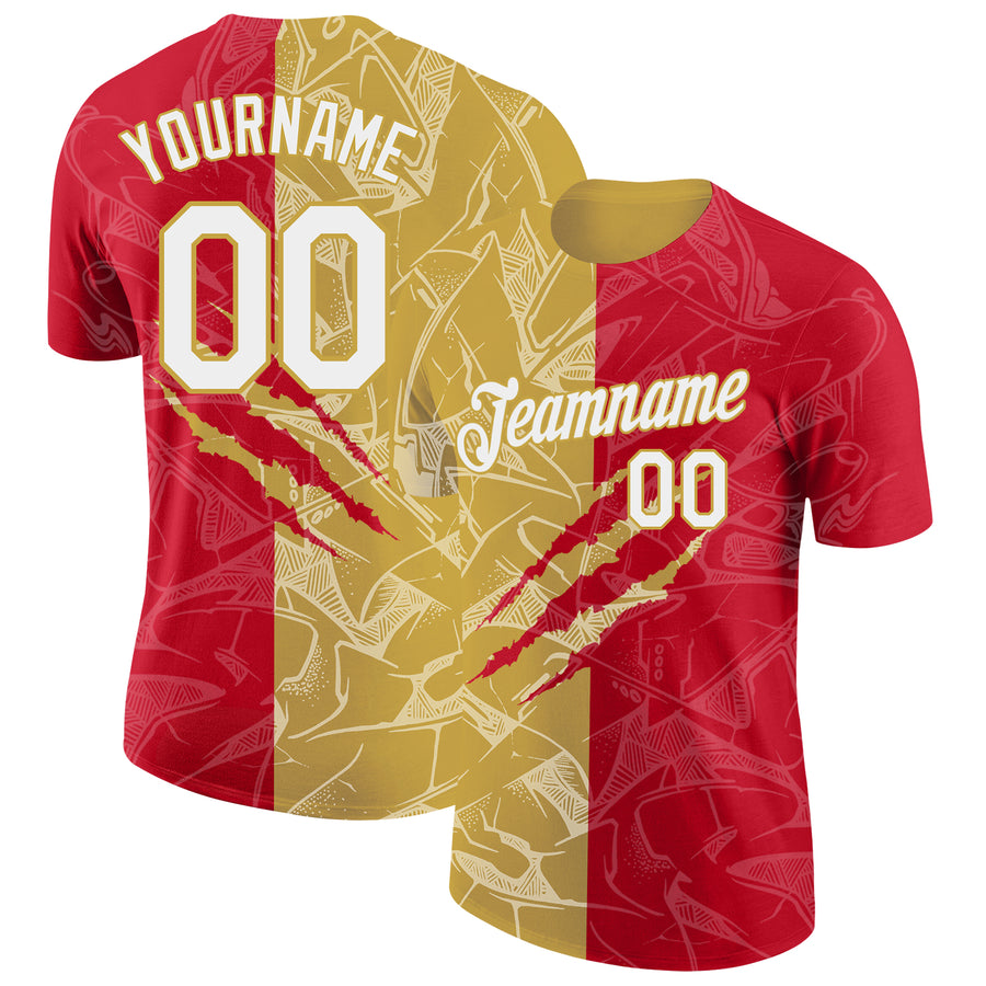 Custom Graffiti Pattern White Red-Old Gold Scratch 3D Performance T-Shirt