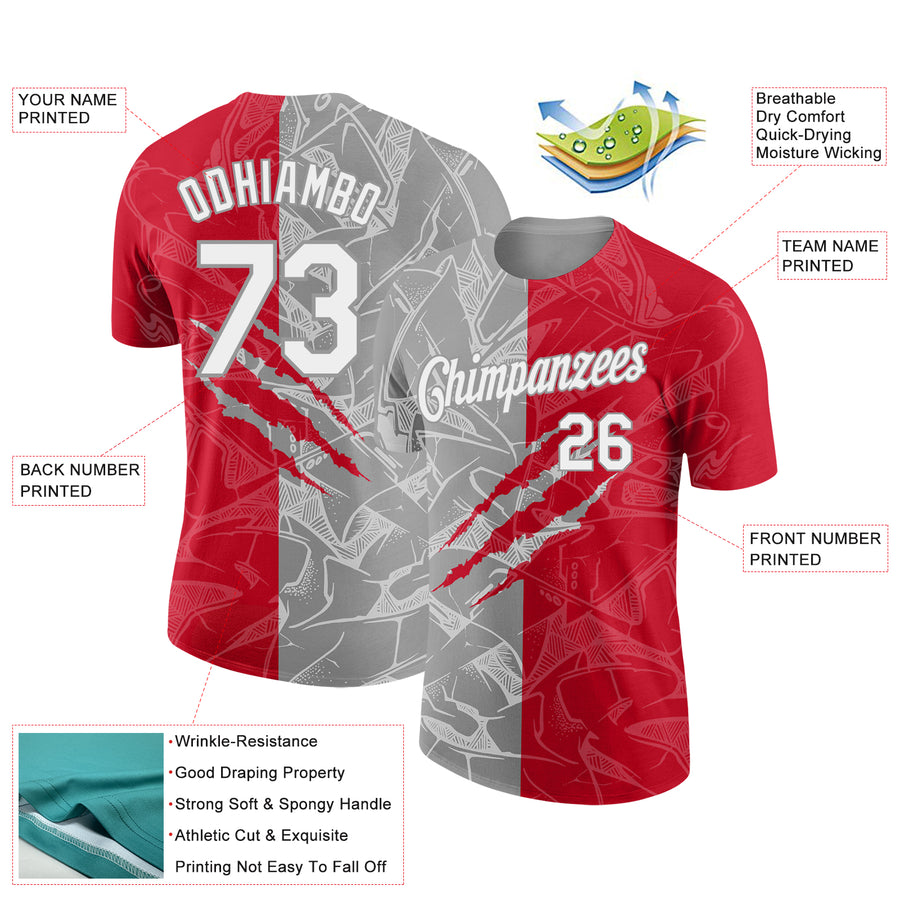 Custom Graffiti Pattern White Red-Gray Scratch 3D Performance T-Shirt