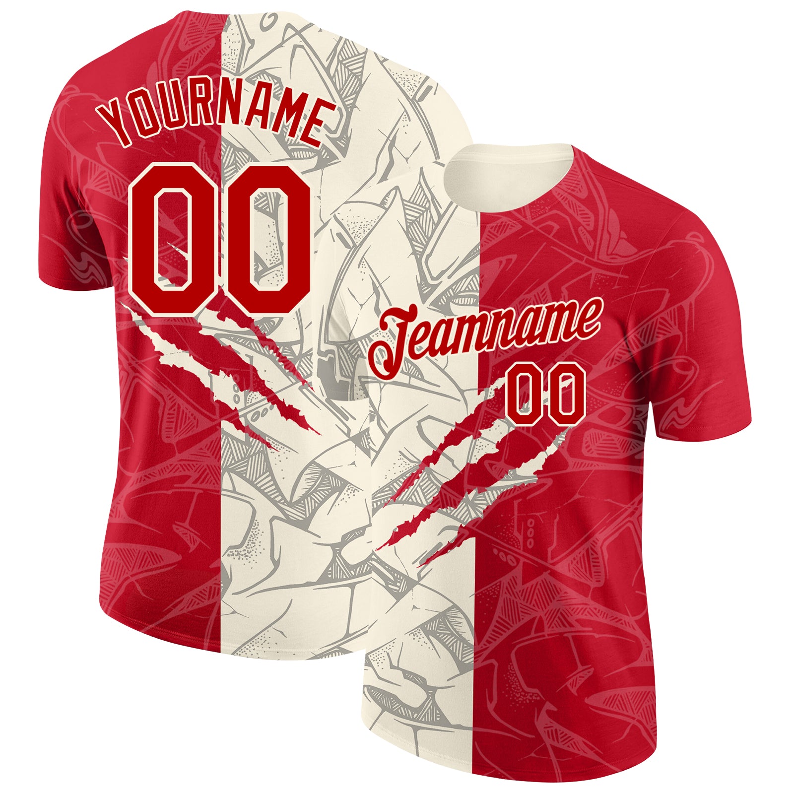 Custom Graffiti Pattern Red-Cream Scratch 3D Performance T-Shirt