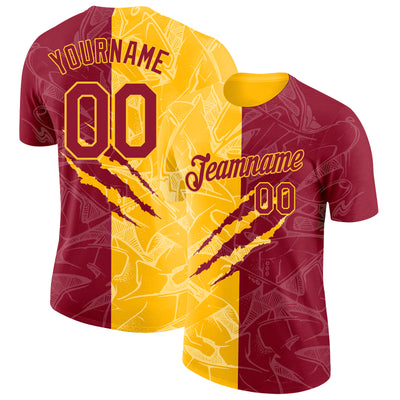 Custom Graffiti Pattern Crimson-Gold Scratch 3D Performance T-Shirt