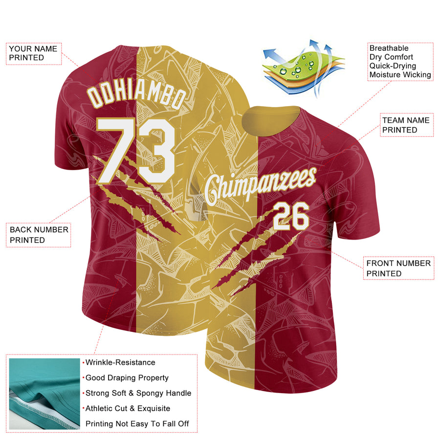 Custom Graffiti Pattern White Crimson-Old Gold Scratch 3D Performance T-Shirt