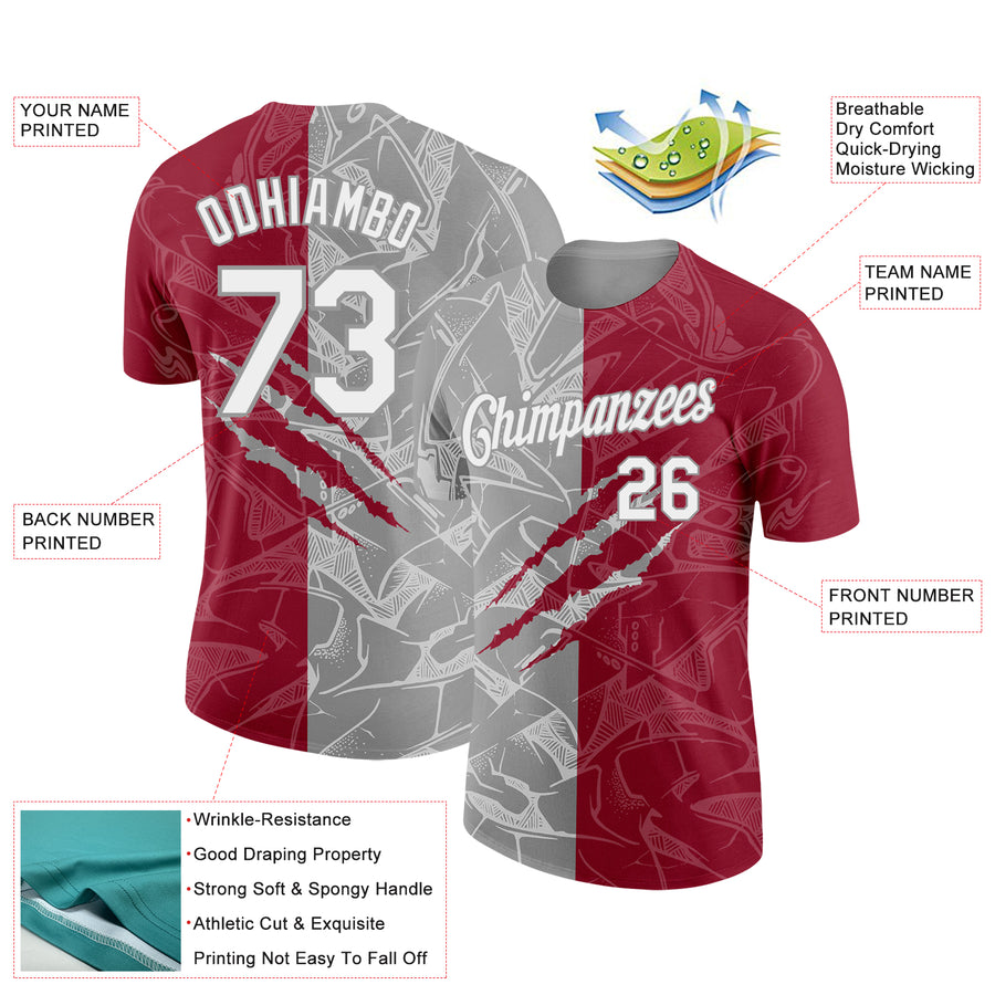 Custom Graffiti Pattern White Crimson-Gray Scratch 3D Performance T-Shirt