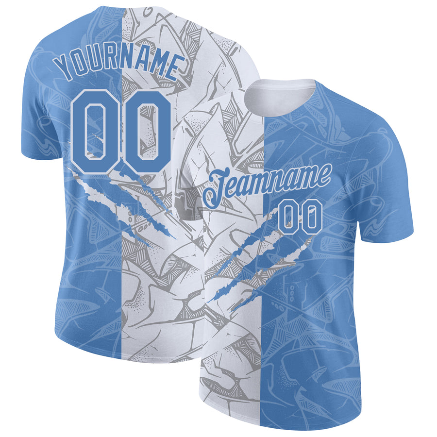 Custom Graffiti Pattern Light Blue-White Scratch 3D Performance T-Shirt