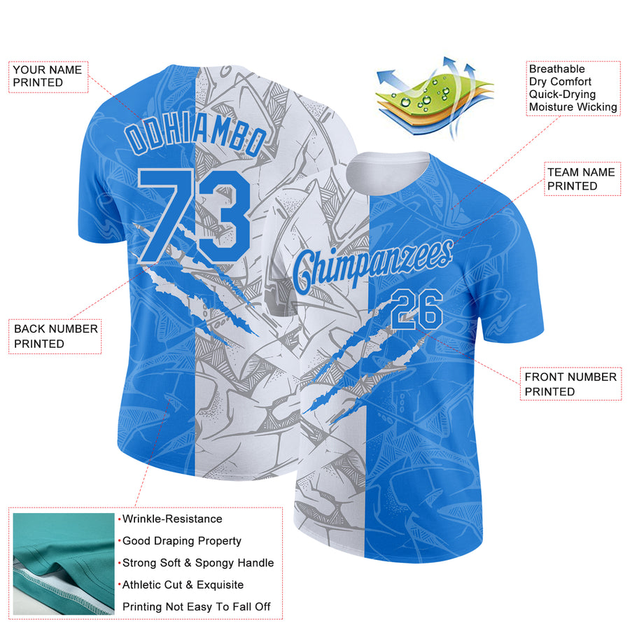 Custom Graffiti Pattern Powder Blue-White Scratch 3D Performance T-Shirt