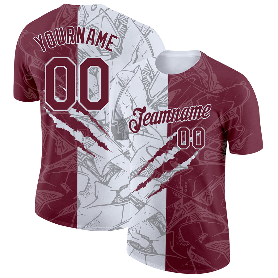 Custom Graffiti Pattern Burgundy-White Scratch 3D Performance T-Shirt