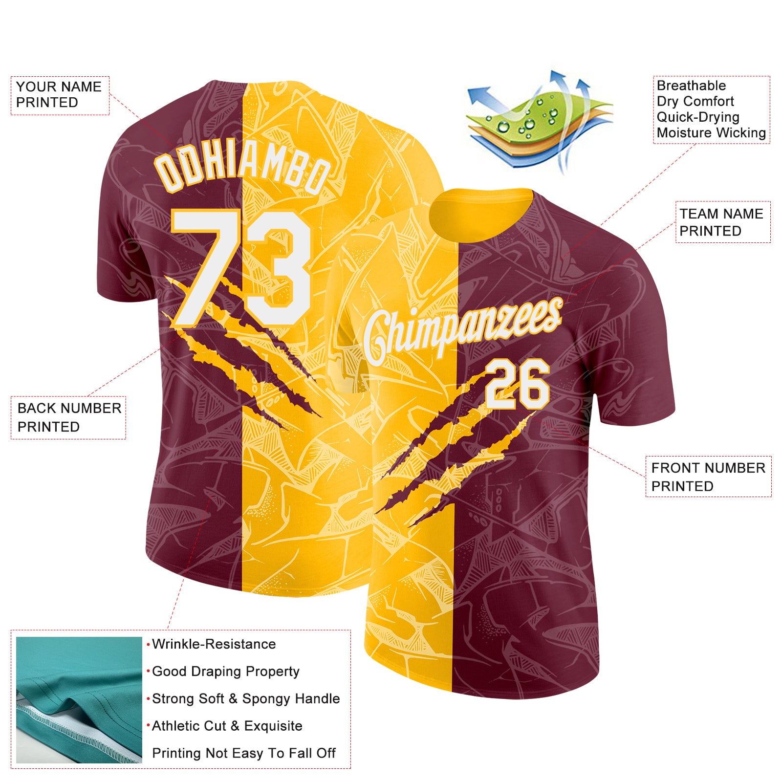 Custom Graffiti Pattern White Burgundy-Gold Scratch 3D Performance T-Shirt