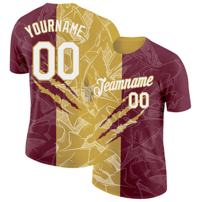 Custom Graffiti Pattern White Burgundy-Old Gold Scratch 3D Performance T-Shirt