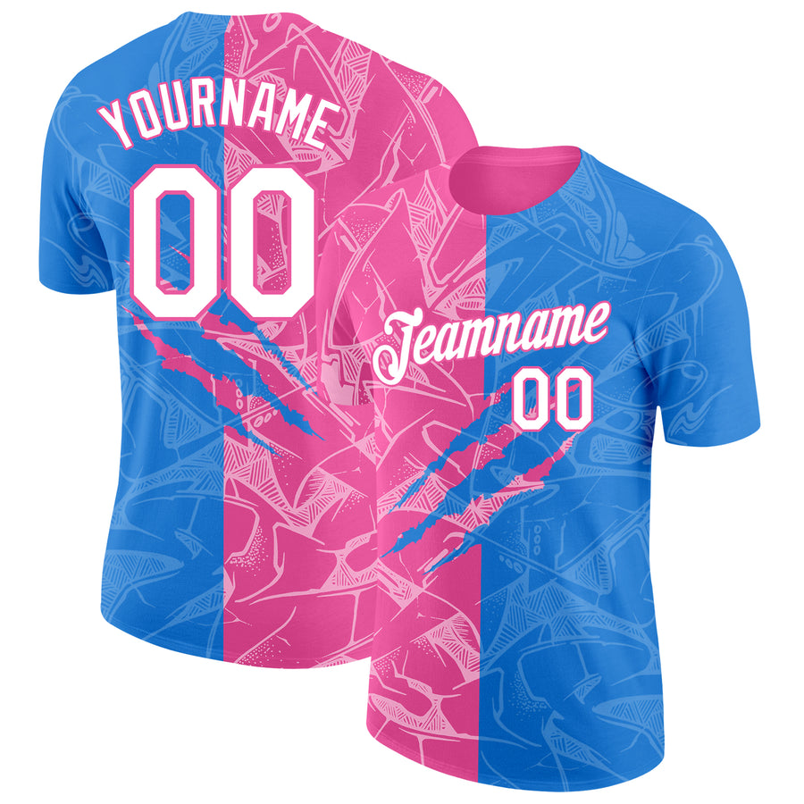 Custom Graffiti Pattern White Powder Blue-Pink Scratch 3D Performance T-Shirt