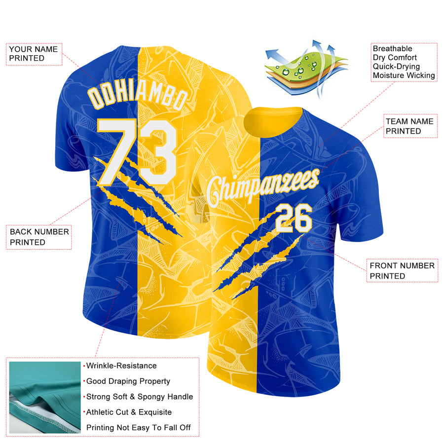 Custom Graffiti Pattern White Thunder Blue-Yellow Scratch 3D Performance T-Shirt