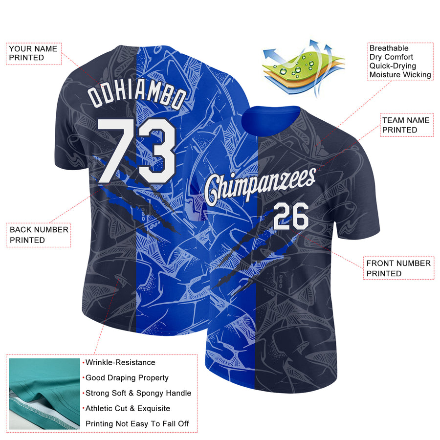 Custom Graffiti Pattern White Navy-Thunder Blue Scratch 3D Performance T-Shirt