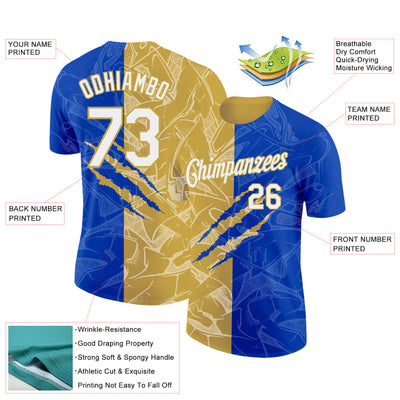 Custom Graffiti Pattern White Thunder Blue-Old Gold Scratch 3D Performance T-Shirt