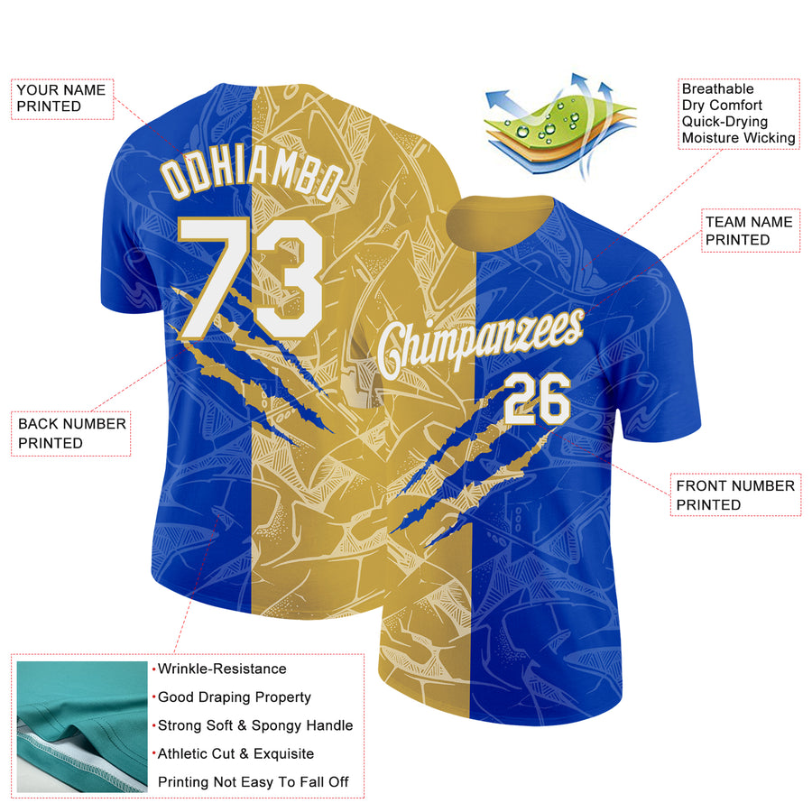 Custom Graffiti Pattern White Thunder Blue-Old Gold Scratch 3D Performance T-Shirt