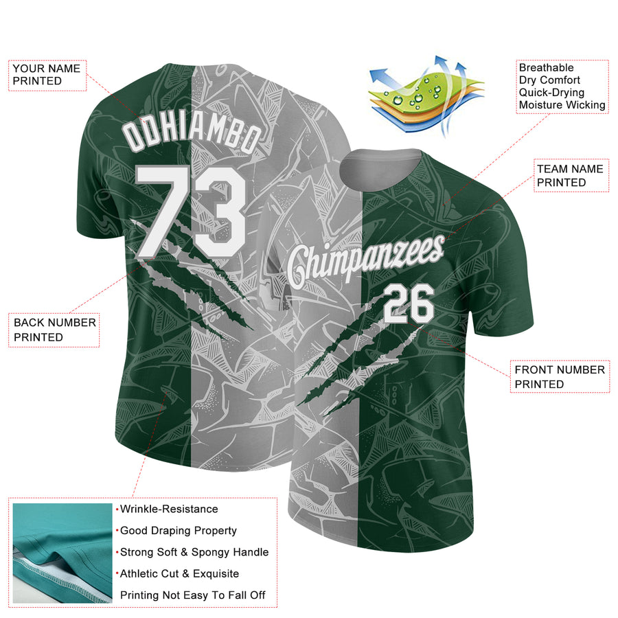 Custom Graffiti Pattern White Green-Gray Scratch 3D Performance T-Shirt