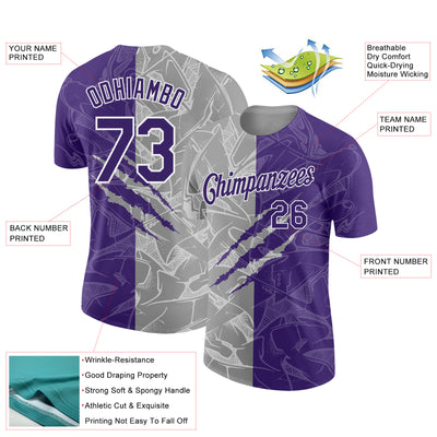 Custom Graffiti Pattern Purple Gray-White Scratch 3D Performance T-Shirt
