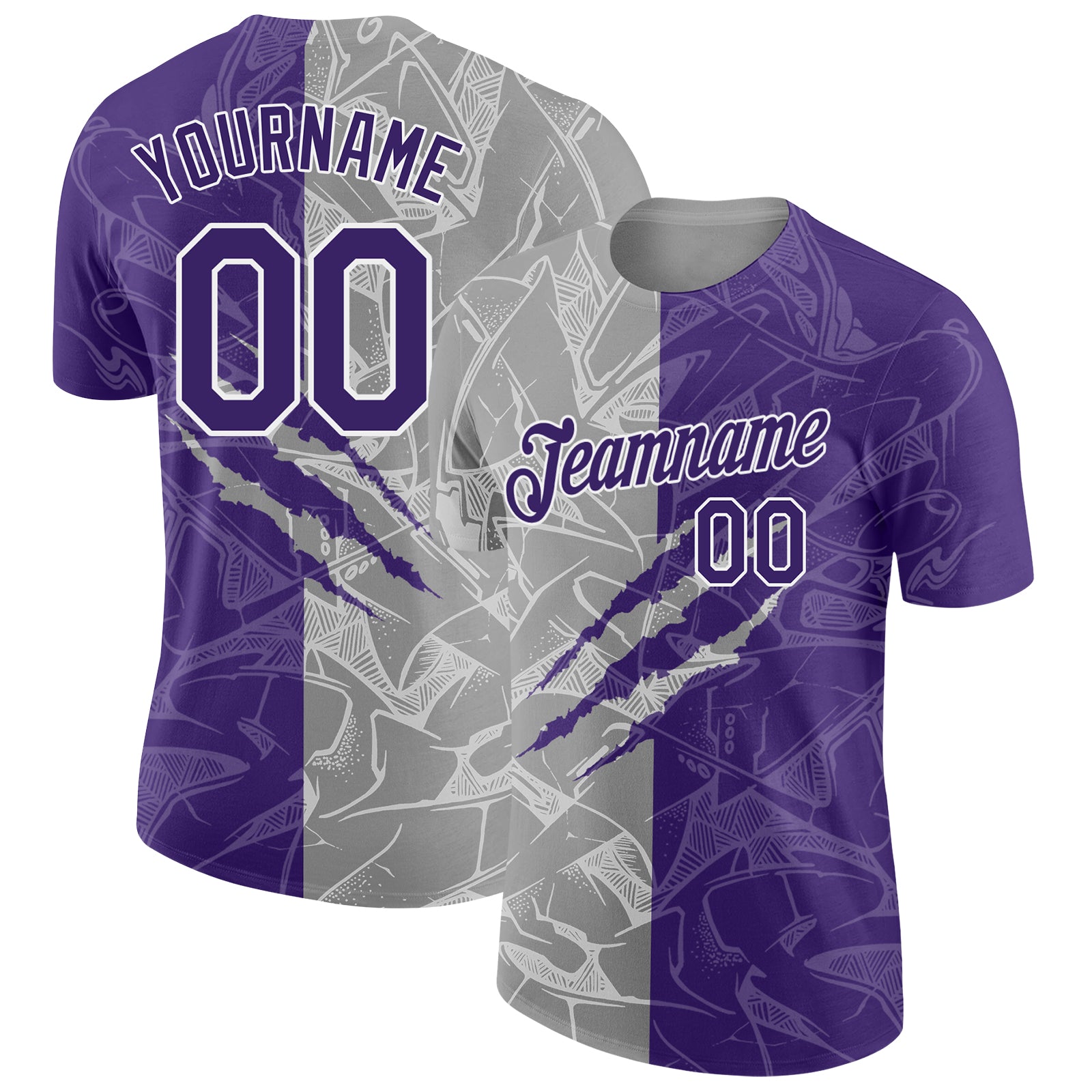 Custom Graffiti Pattern Purple Gray-White Scratch 3D Performance T-Shirt