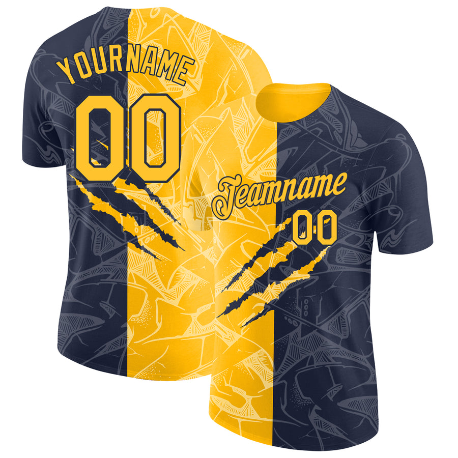 Custom Graffiti Pattern Gold-Navy Scratch 3D Performance T-Shirt