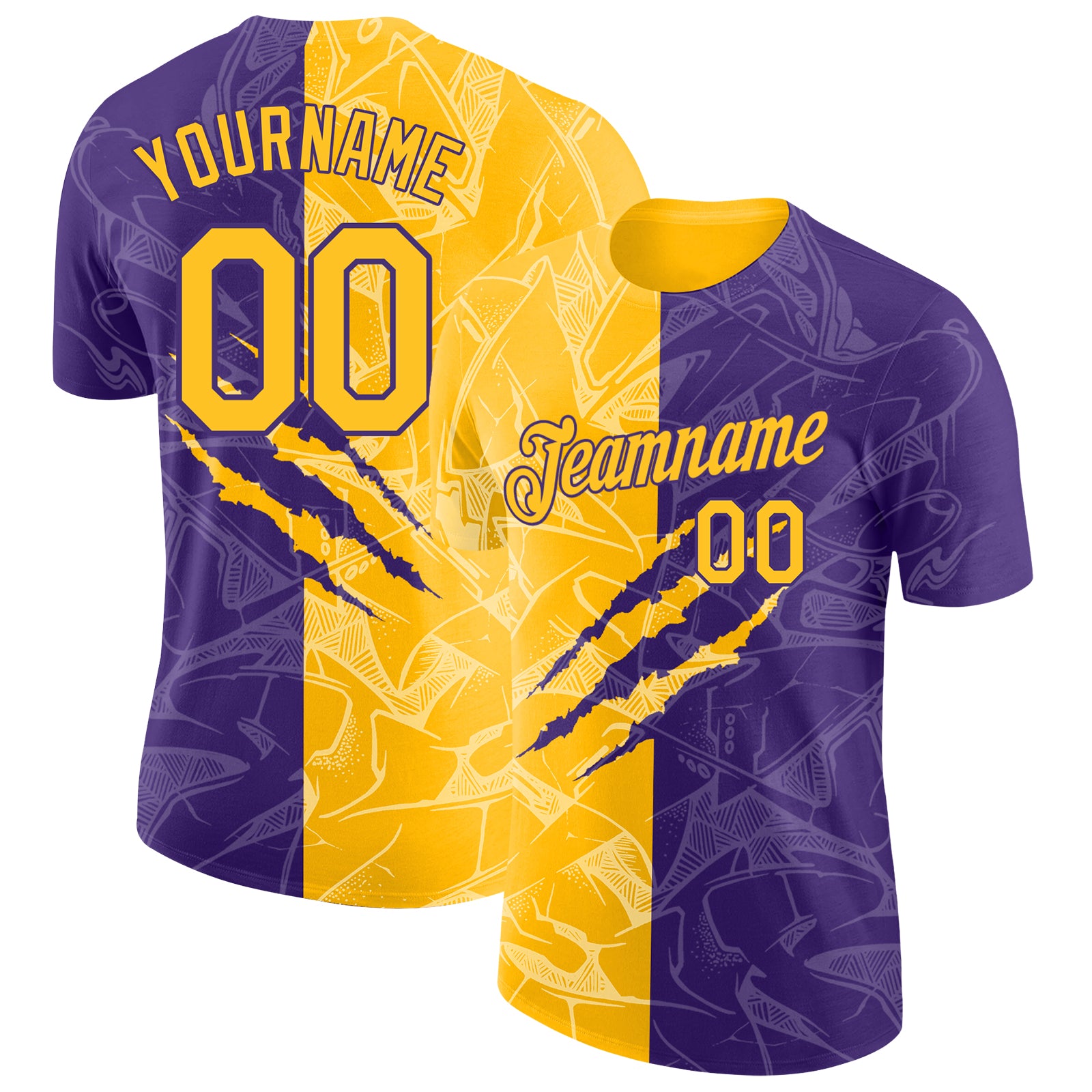 Custom Graffiti Pattern Gold-Purple Scratch 3D Performance T-Shirt