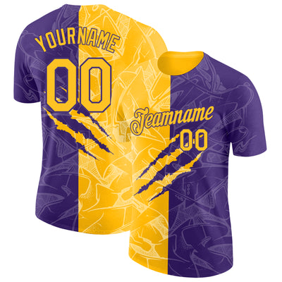 Custom Graffiti Pattern Gold-Purple Scratch 3D Performance T-Shirt