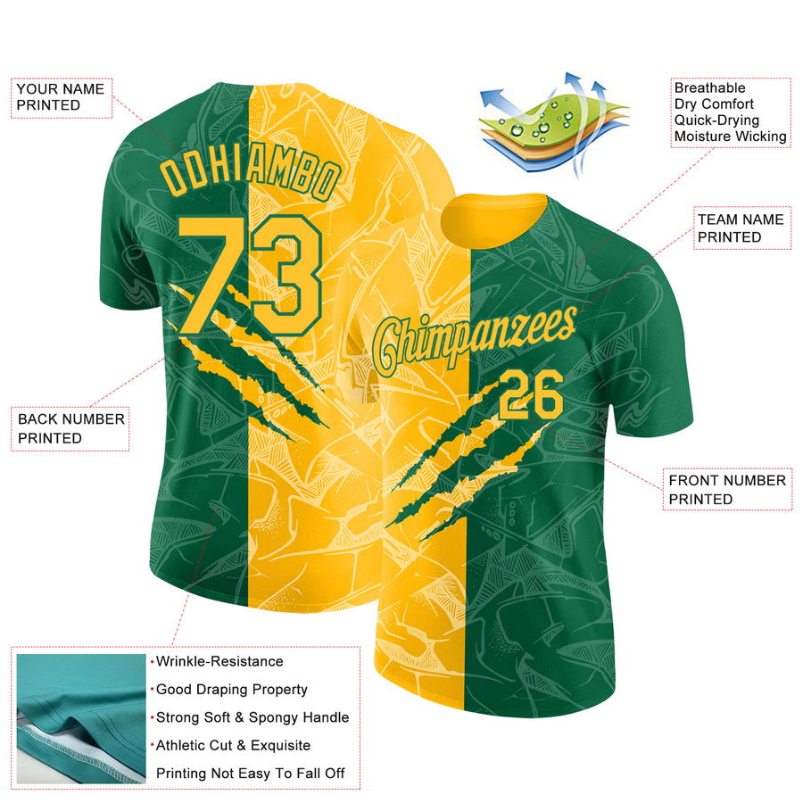Custom Graffiti Pattern Gold-Kelly Green Scratch 3D Performance T-Shirt