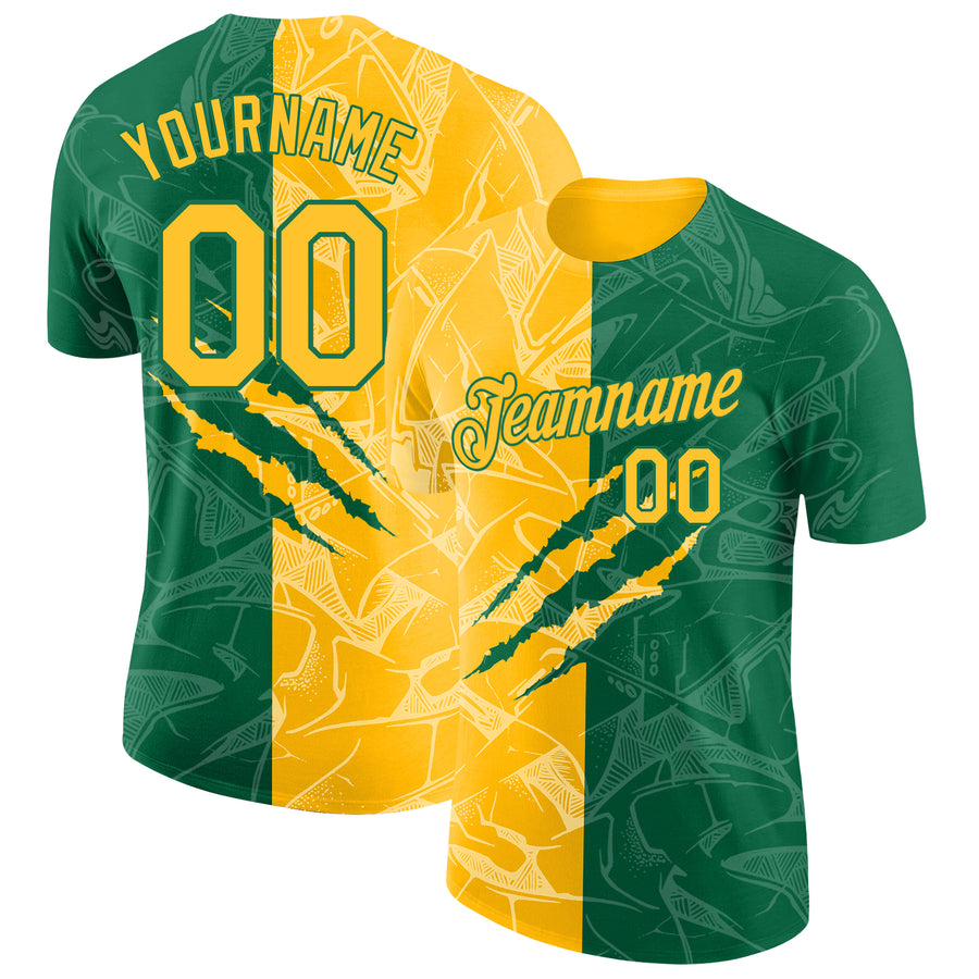 Custom Graffiti Pattern Gold-Kelly Green Scratch 3D Performance T-Shirt