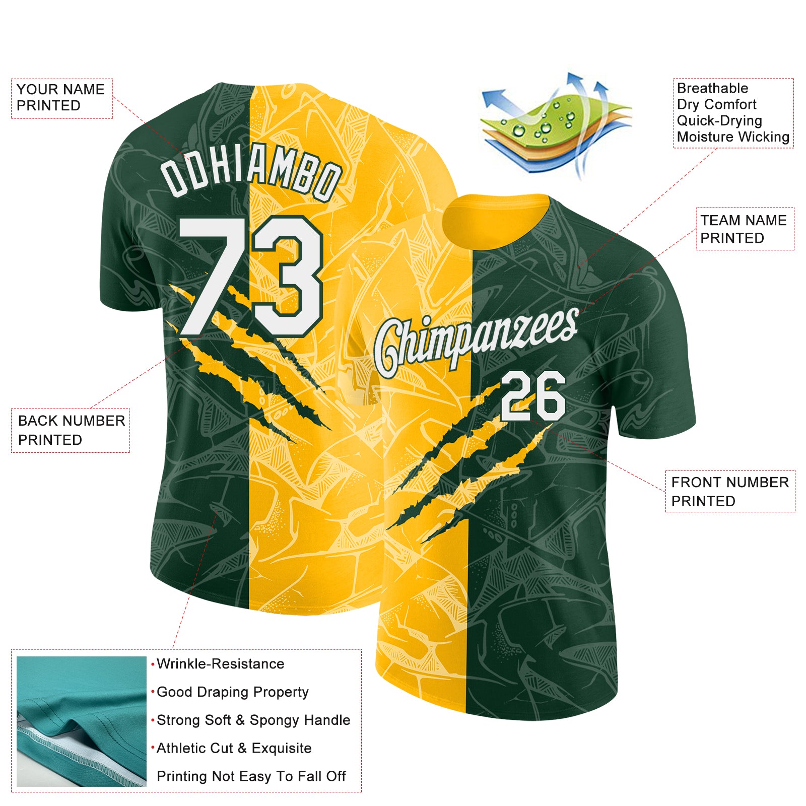 Custom Graffiti Pattern White Green-Gold Scratch 3D Performance T-Shirt