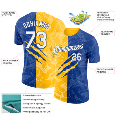 Custom Graffiti Pattern White Royal-Gold Scratch 3D Performance T-Shirt