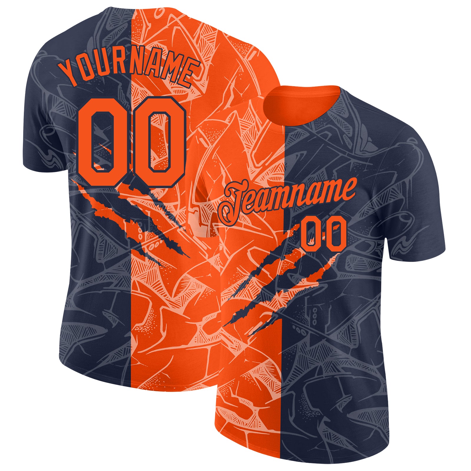 Custom Graffiti Pattern Orange-Navy Scratch 3D Performance T-Shirt
