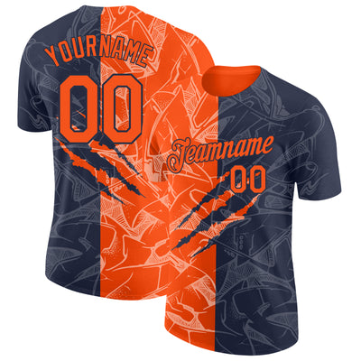 Custom Graffiti Pattern Orange-Navy Scratch 3D Performance T-Shirt