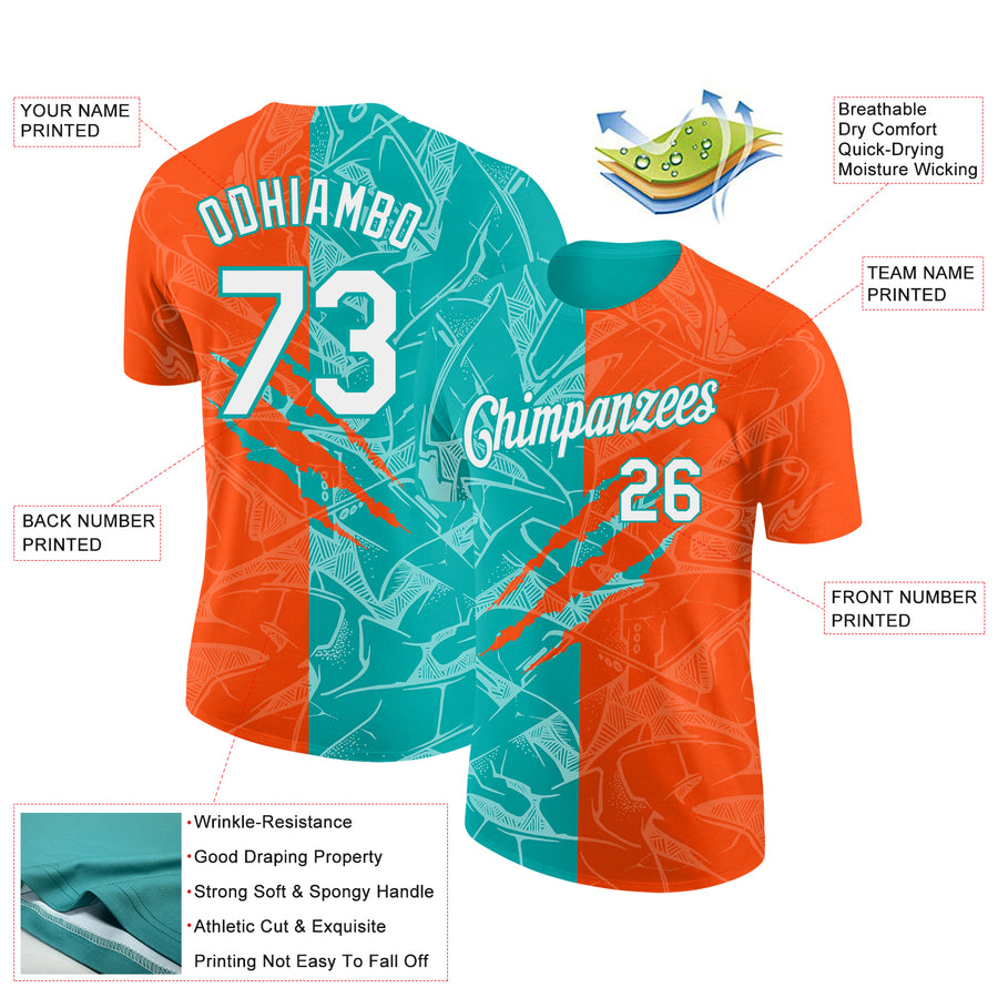 Custom Graffiti Pattern White Orange-Aqua Scratch 3D Performance T-Shirt