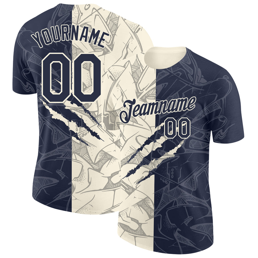Custom Graffiti Pattern Navy-Cream Scratch 3D Performance T-Shirt