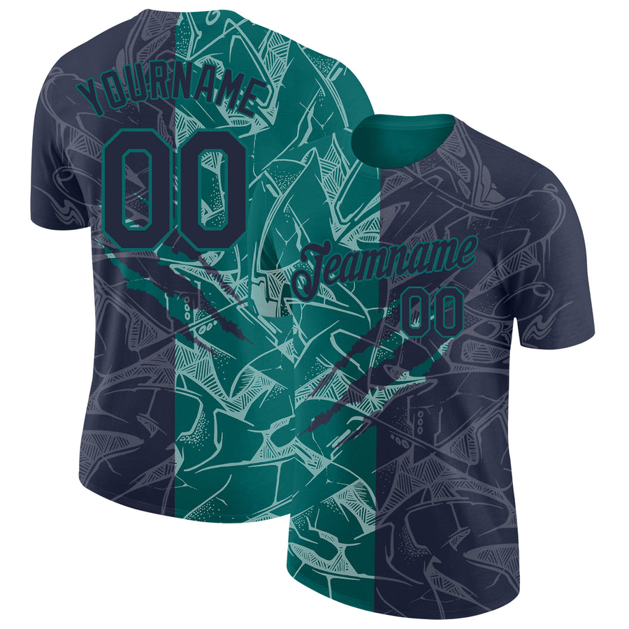 Custom Graffiti Pattern Navy-Teal Scratch 3D Performance T-Shirt
