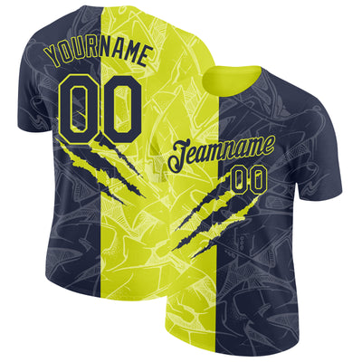 Custom Graffiti Pattern Navy-Neon Yellow Scratch 3D Performance T-Shirt