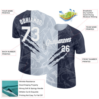 Custom Graffiti Pattern White Navy-Silver Scratch 3D Performance T-Shirt